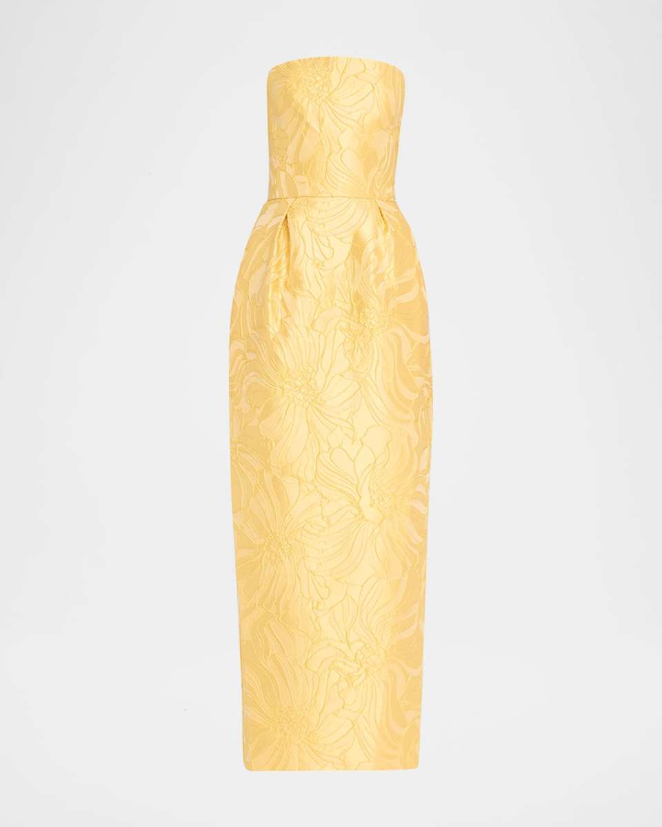 Strapless Floral Jacquard Pleated Ankle Dress